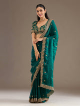 Rama green tissue saree for party celebration