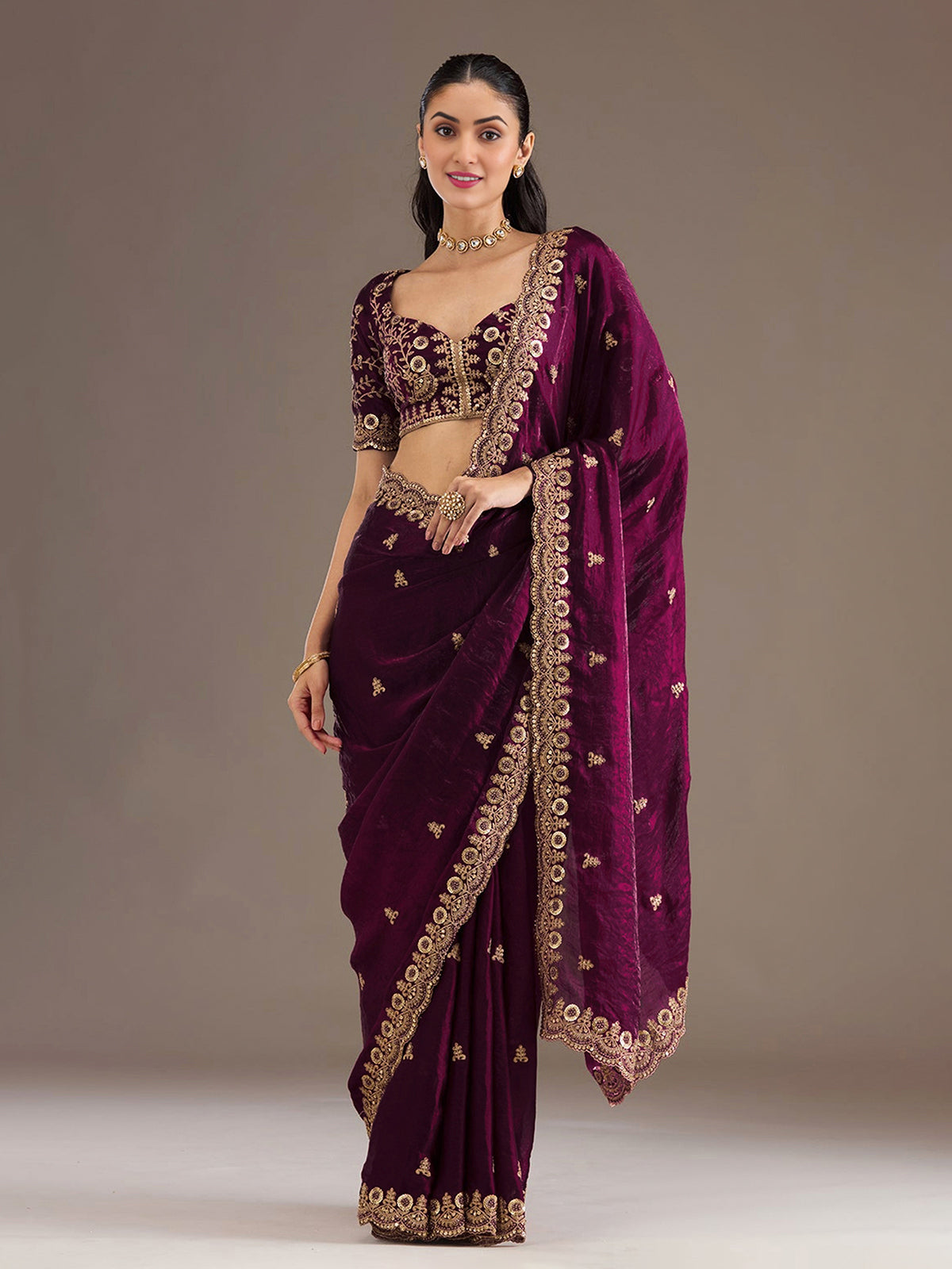Wine party wear tissue saree with embellished border