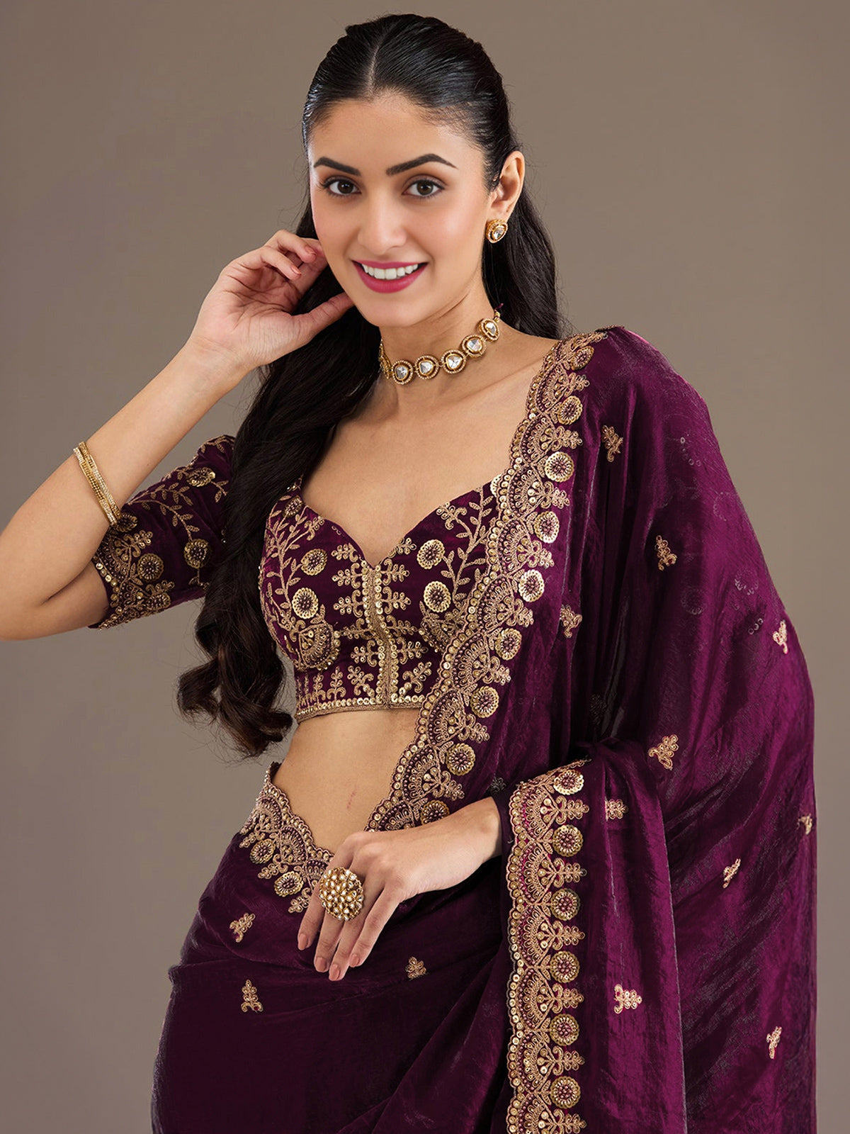 Wine party wear tissue saree with embellished border