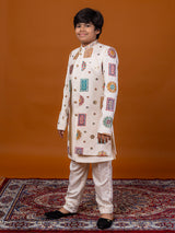 White raw silk embroidered work indowestern festive suit for boys