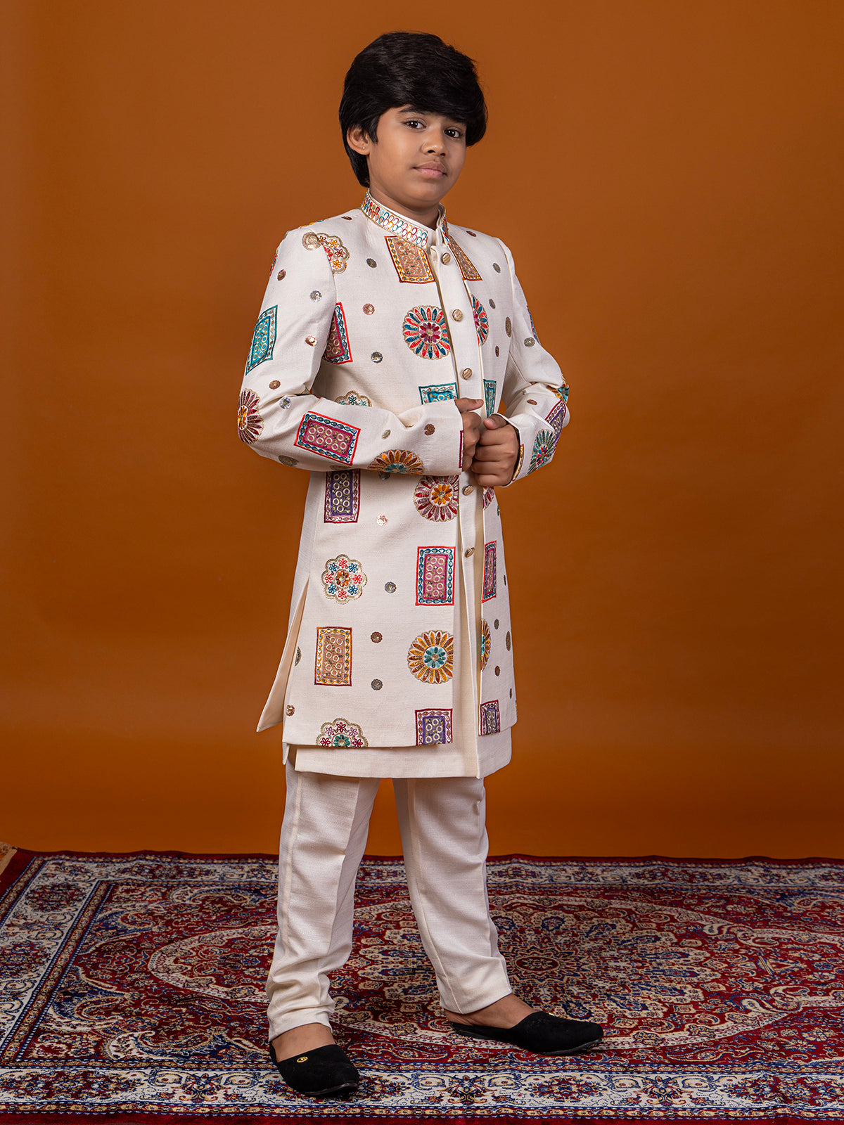 White raw silk embroidered work indowestern festive suit for boys