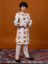 White raw silk embroidered work indowestern festive suit for boys