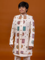 White raw silk embroidered work indowestern festive suit for boys