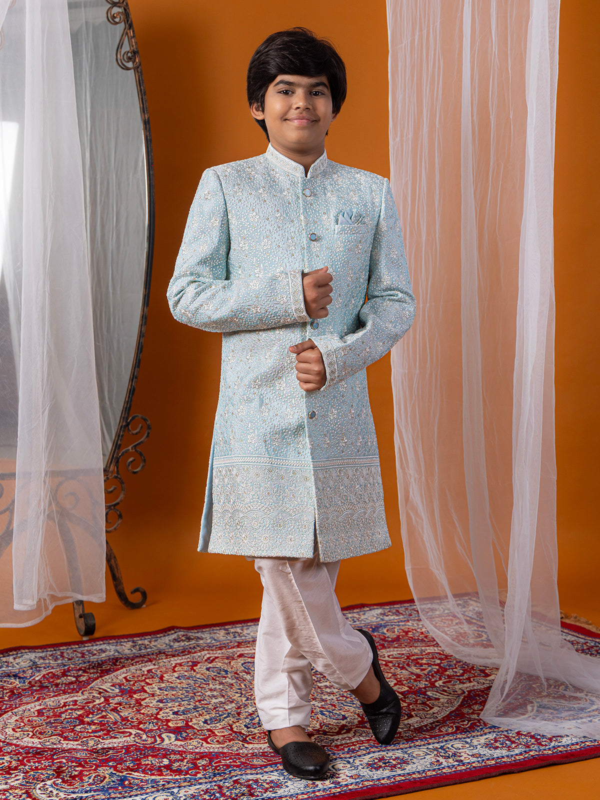 Sky blue silk embroidered boys indowestern set