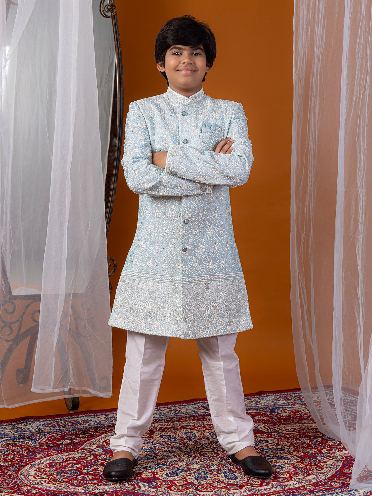 Sky blue silk embroidered boys indowestern set