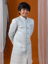 Sky blue silk embroidered boys indowestern set