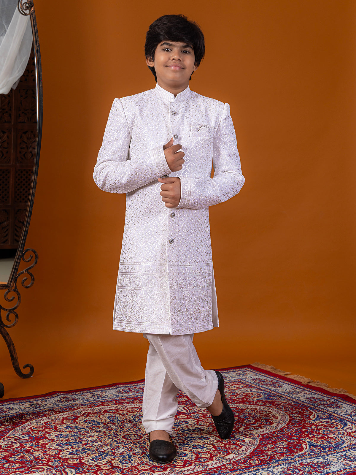 White silk indowestern suit with woven self design
