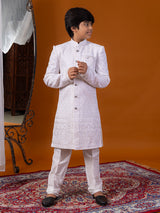 White silk indowestern suit with woven self design