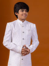 White silk indowestern suit with woven self design
