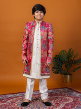 Fuchsia brocade silk indo western with kalamkari print
