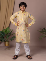 Light yellow kurta suit with thread work print