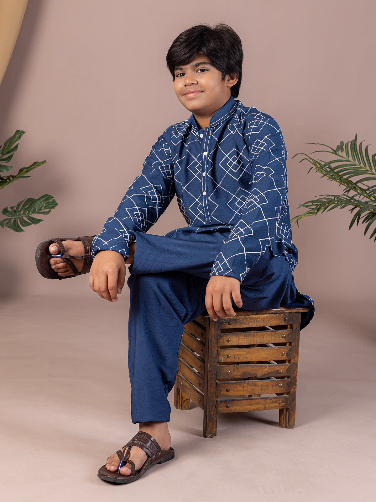 Stone blue cotton thread work festive kurta suit