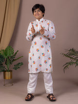 White floral printed cotton linen festive kurta suit