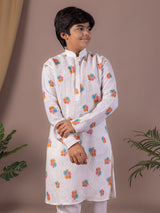 White floral printed cotton linen festive kurta suit