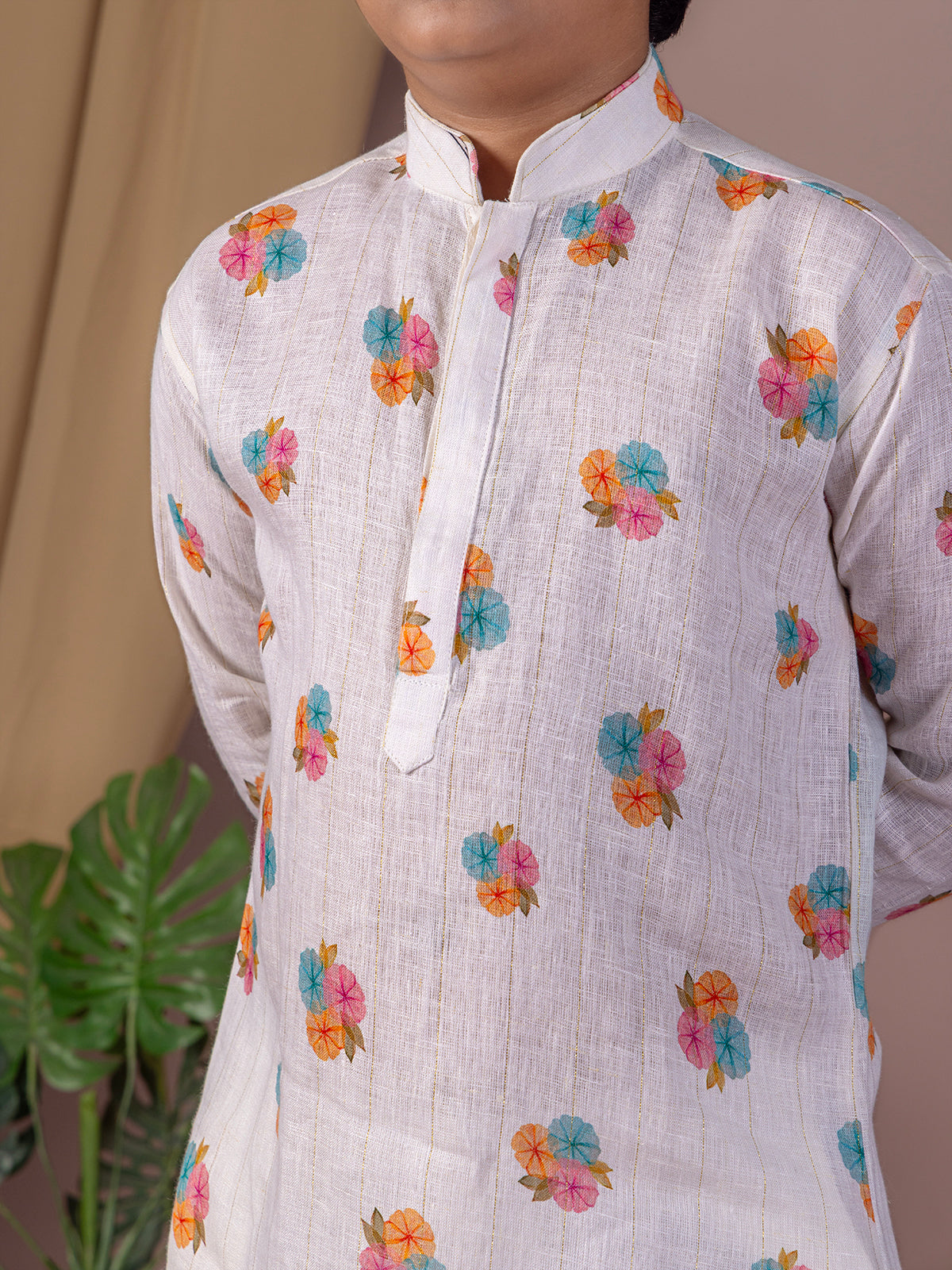 White floral printed cotton linen festive kurta suit