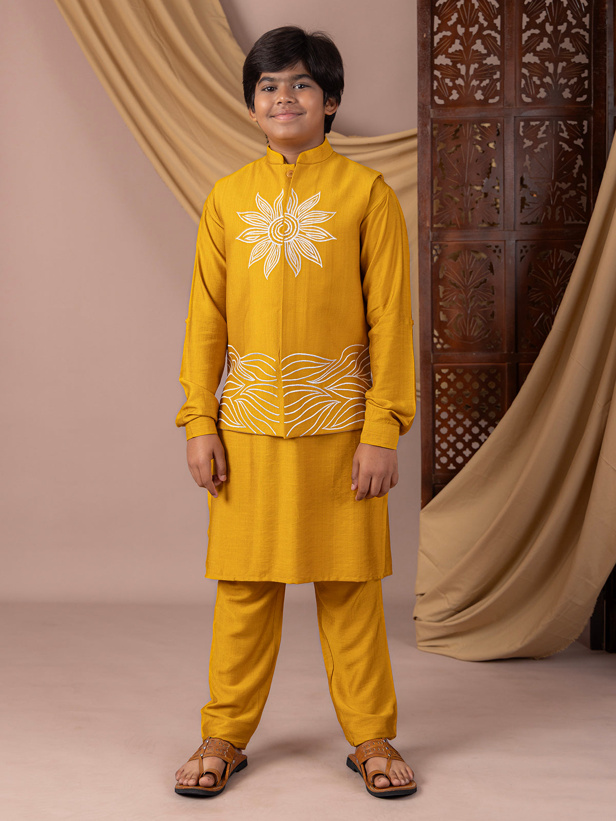Radiate charm in yellow silk waistcoat set