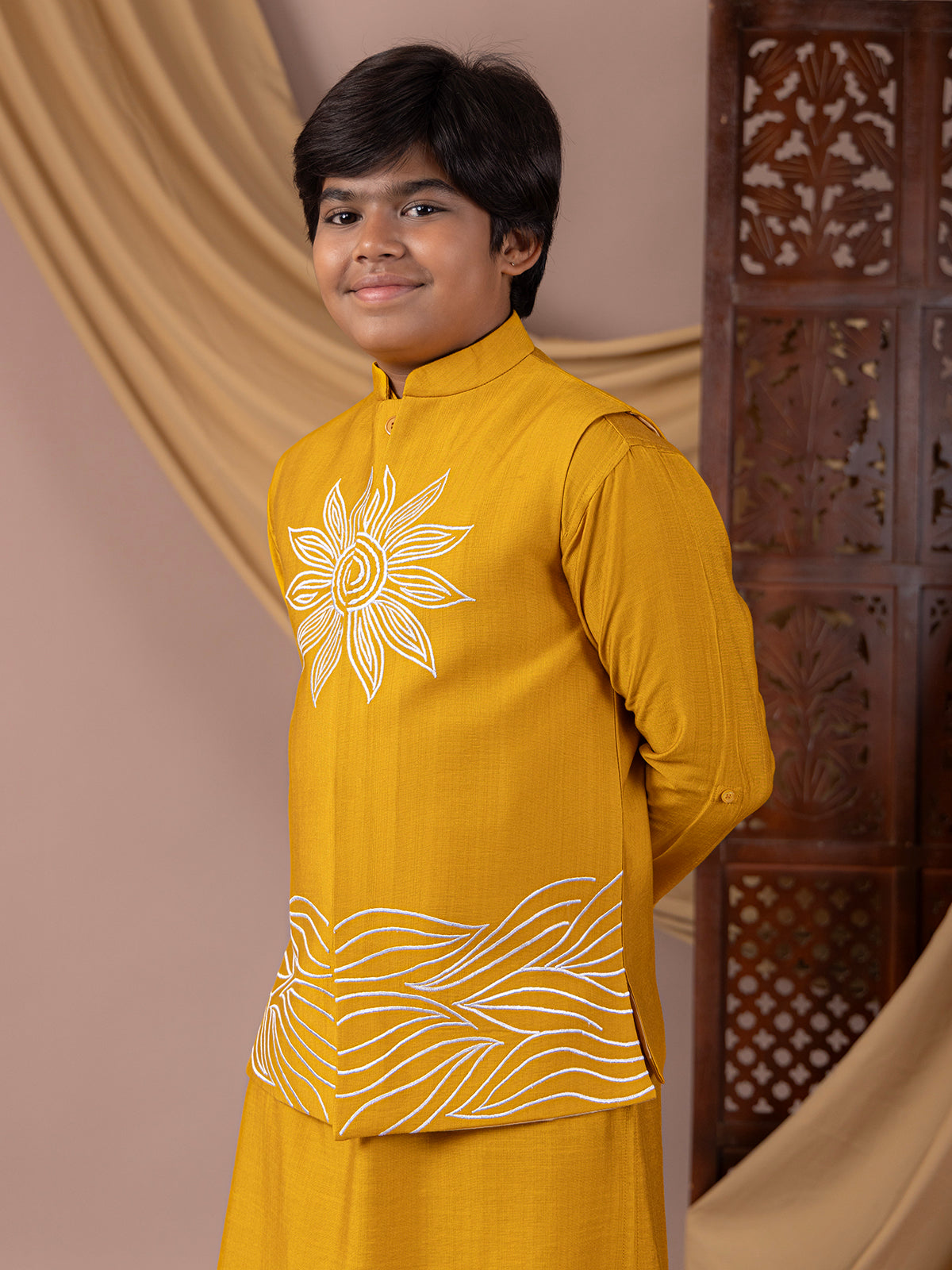 Radiate charm in yellow silk waistcoat set