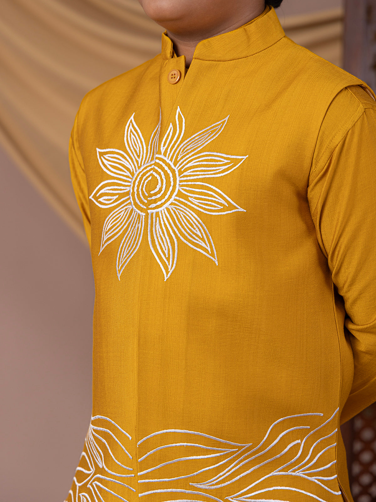 Radiate charm in yellow silk waistcoat set