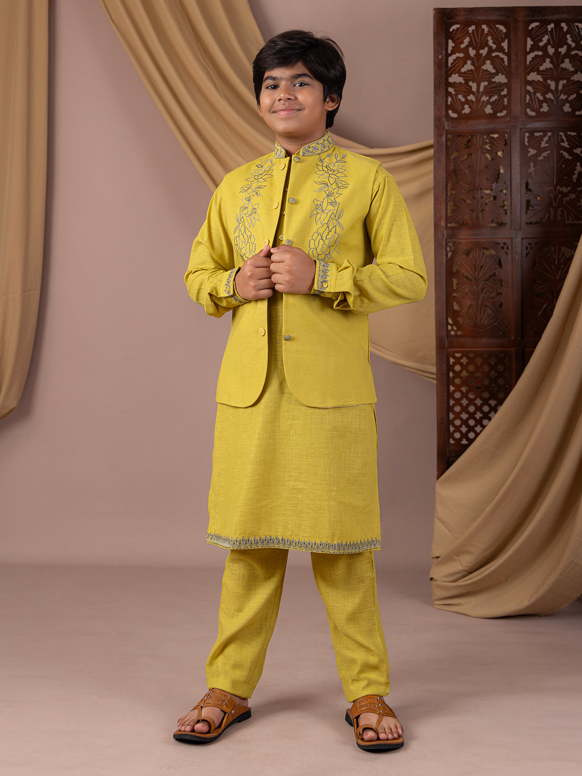 Sage green cotton silk waistcoat with embroidery work