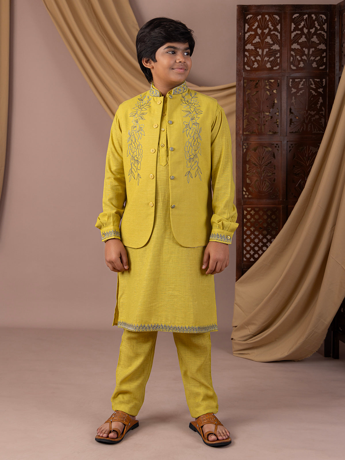 Sage green cotton silk waistcoat with embroidery work