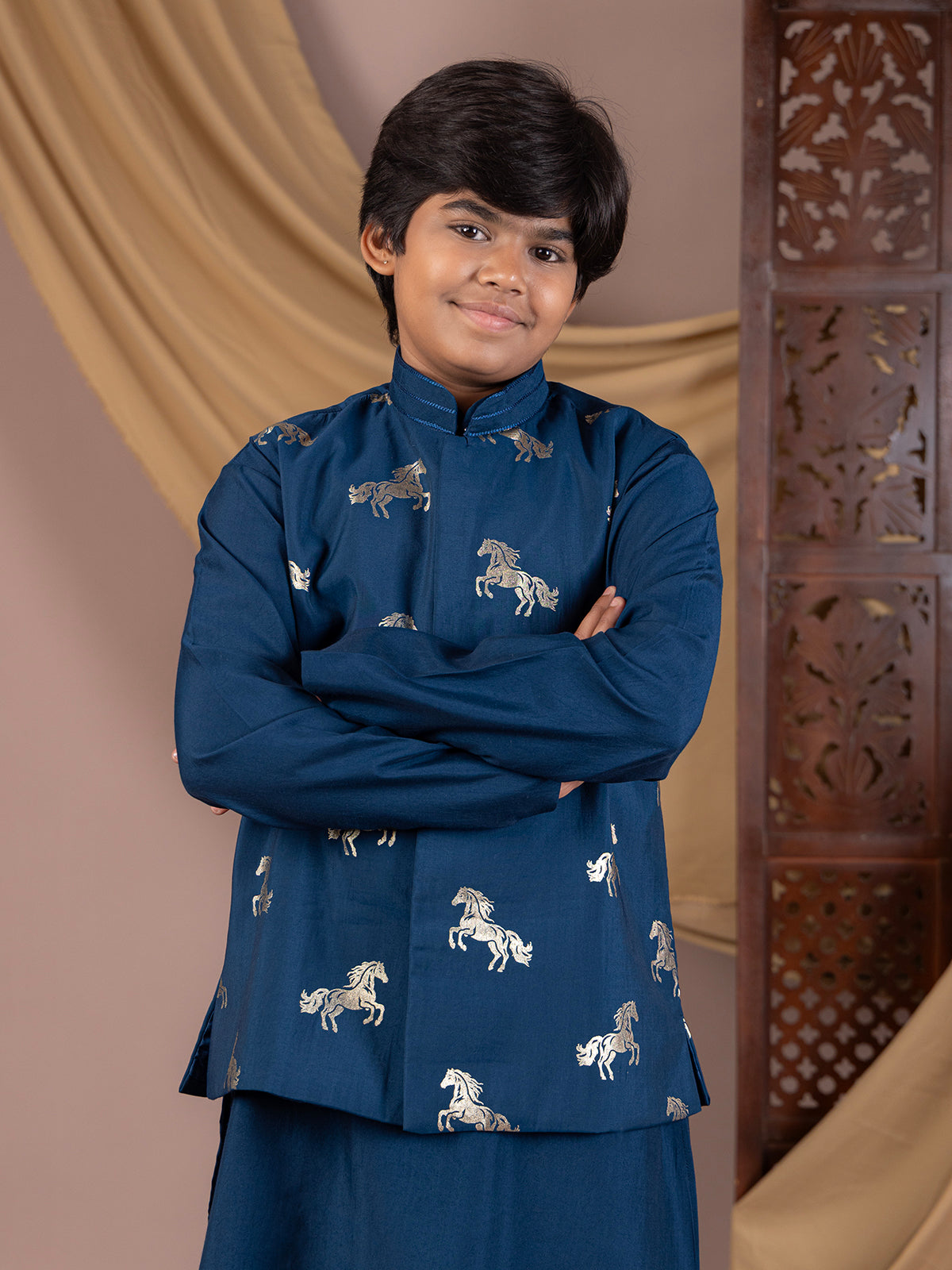 Blue silk waistcoat with royal horse foil print