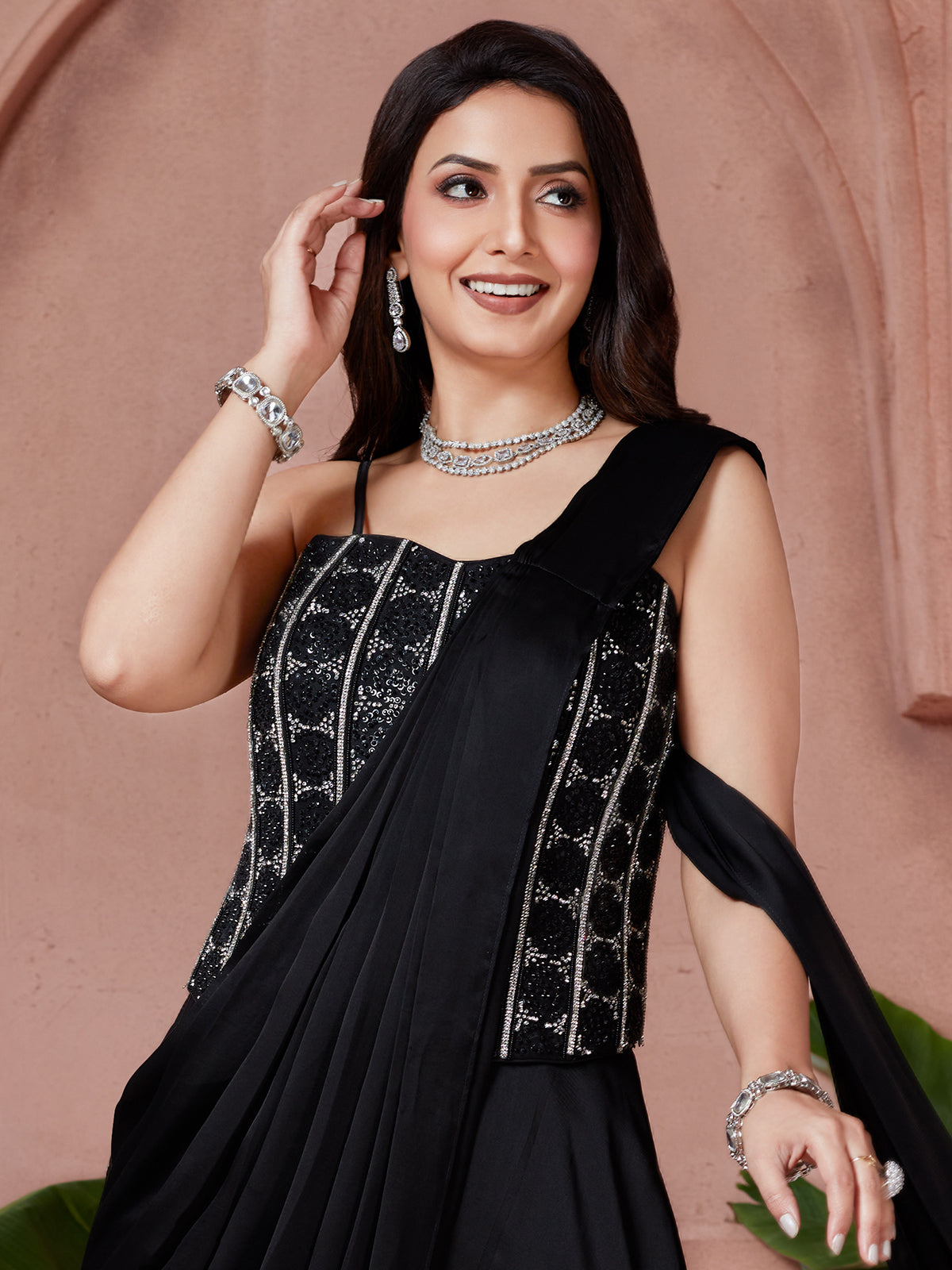 Black satin silk designer ready to wear saree