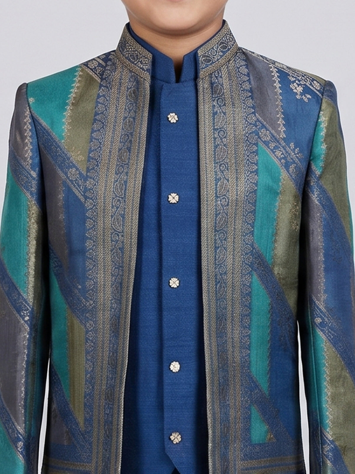 Rama blue silk boys indowestern for jacket style
