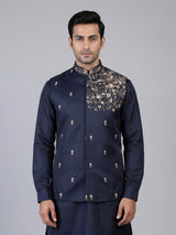 Navy linen waistcoat set with chinese collar design