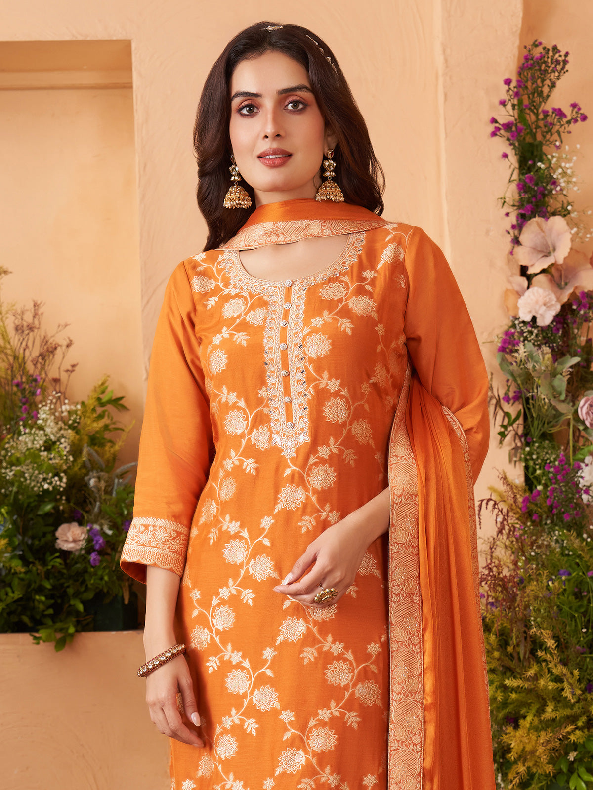 Orange silk straight cut salwar suit with mirror zari work