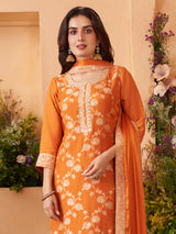 Orange silk straight cut salwar suit with mirror zari work