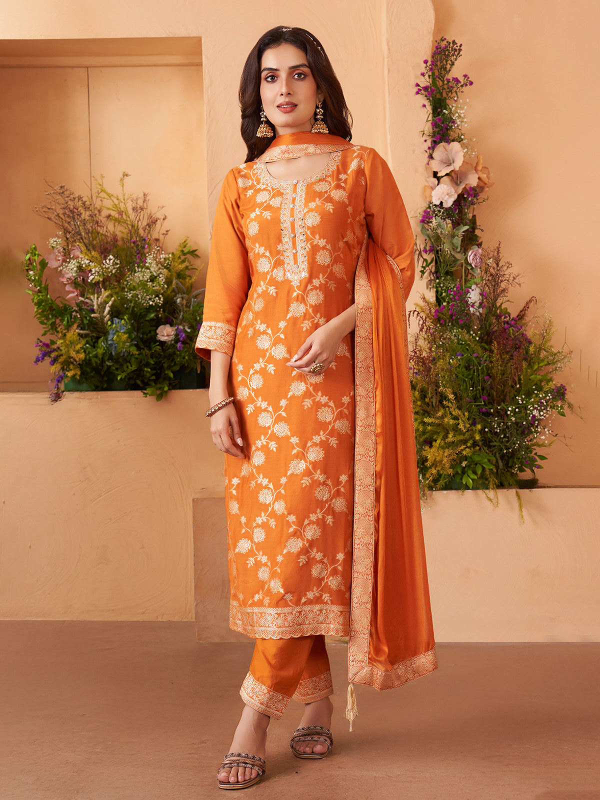 Orange silk straight cut salwar suit with mirror zari work