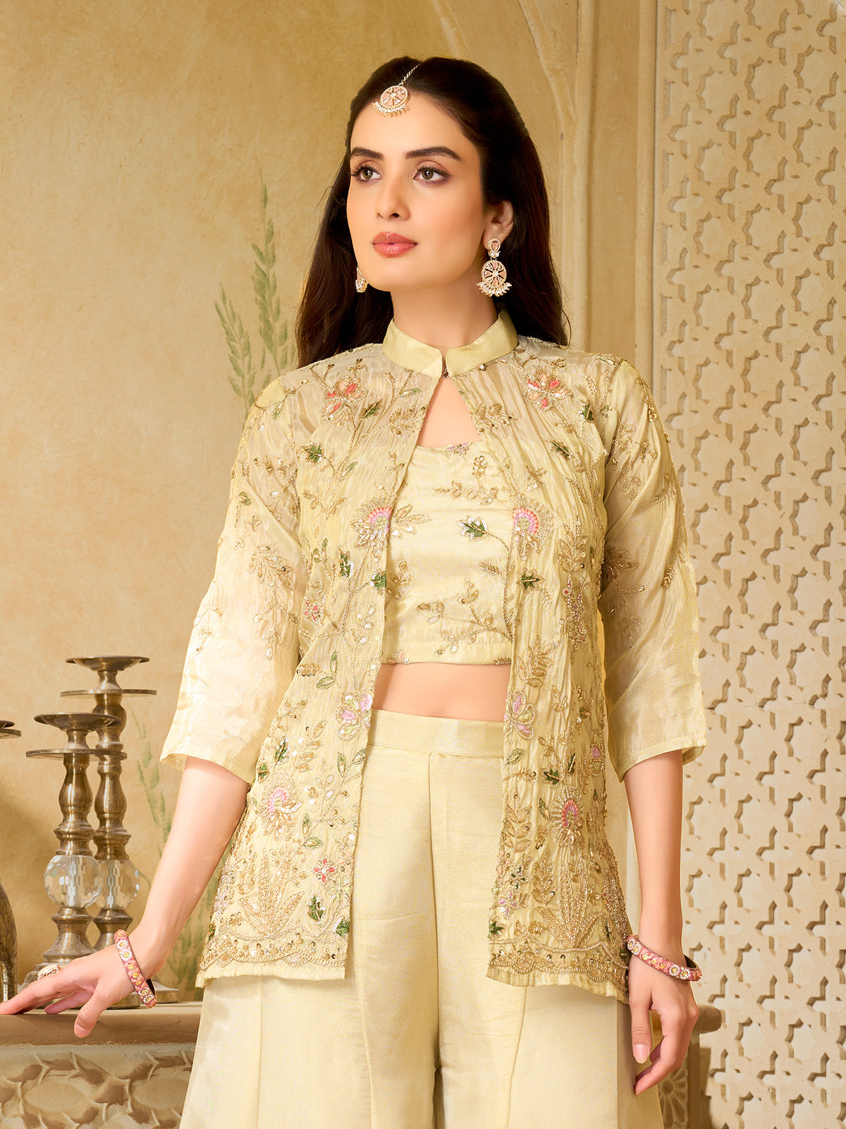Beige silk palazzo suit with designer jacket style