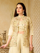 Beige silk palazzo suit with designer jacket style