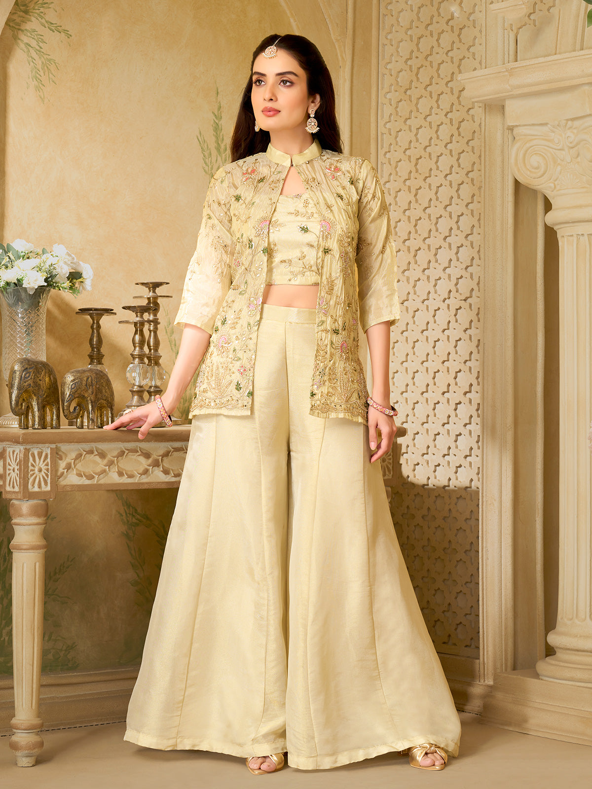 Beige silk palazzo suit with designer jacket style