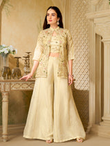 Beige silk palazzo suit with designer jacket style
