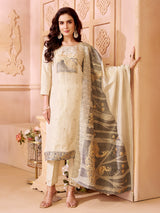 Cream silk straight cut salwar suit with peacock motifs