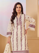 Cream cotton straight cut pakistani salwar suit with sequins
