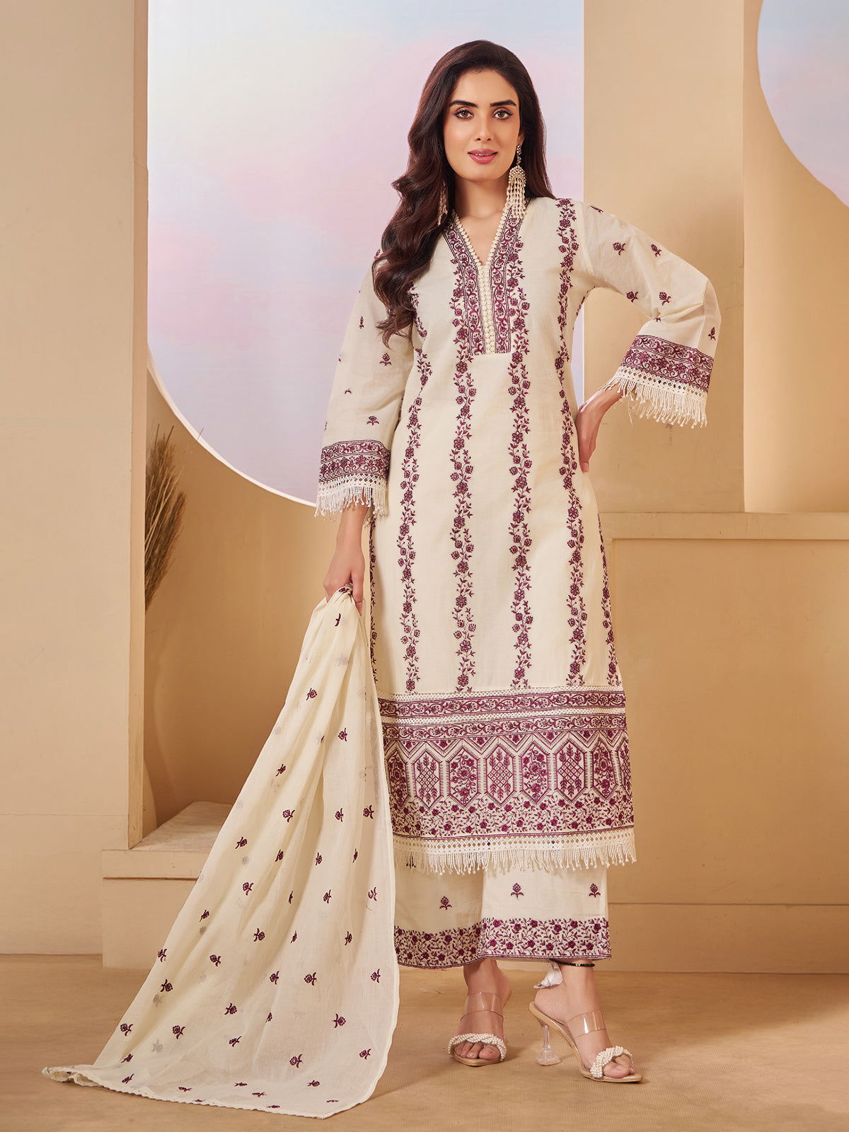 Cream cotton straight cut pakistani salwar suit with sequins
