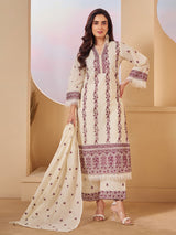 Cream cotton straight cut pakistani salwar suit with sequins