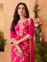 Rani pink silk straight cut suit with mirror work
