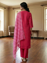 Magenta silk straight cut kurti set with aabla work