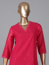 Magenta silk straight cut kurti set with aabla work