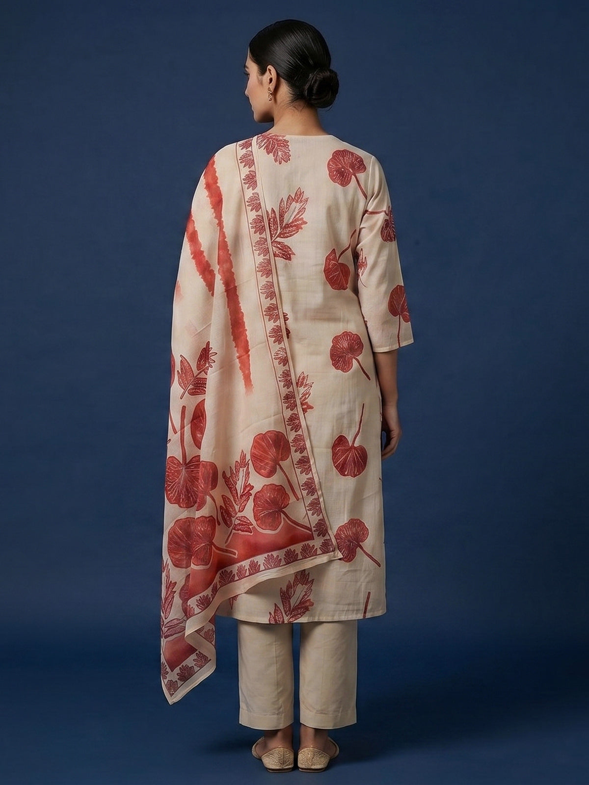 Cream cotton silk printed kurti pant dupatta set