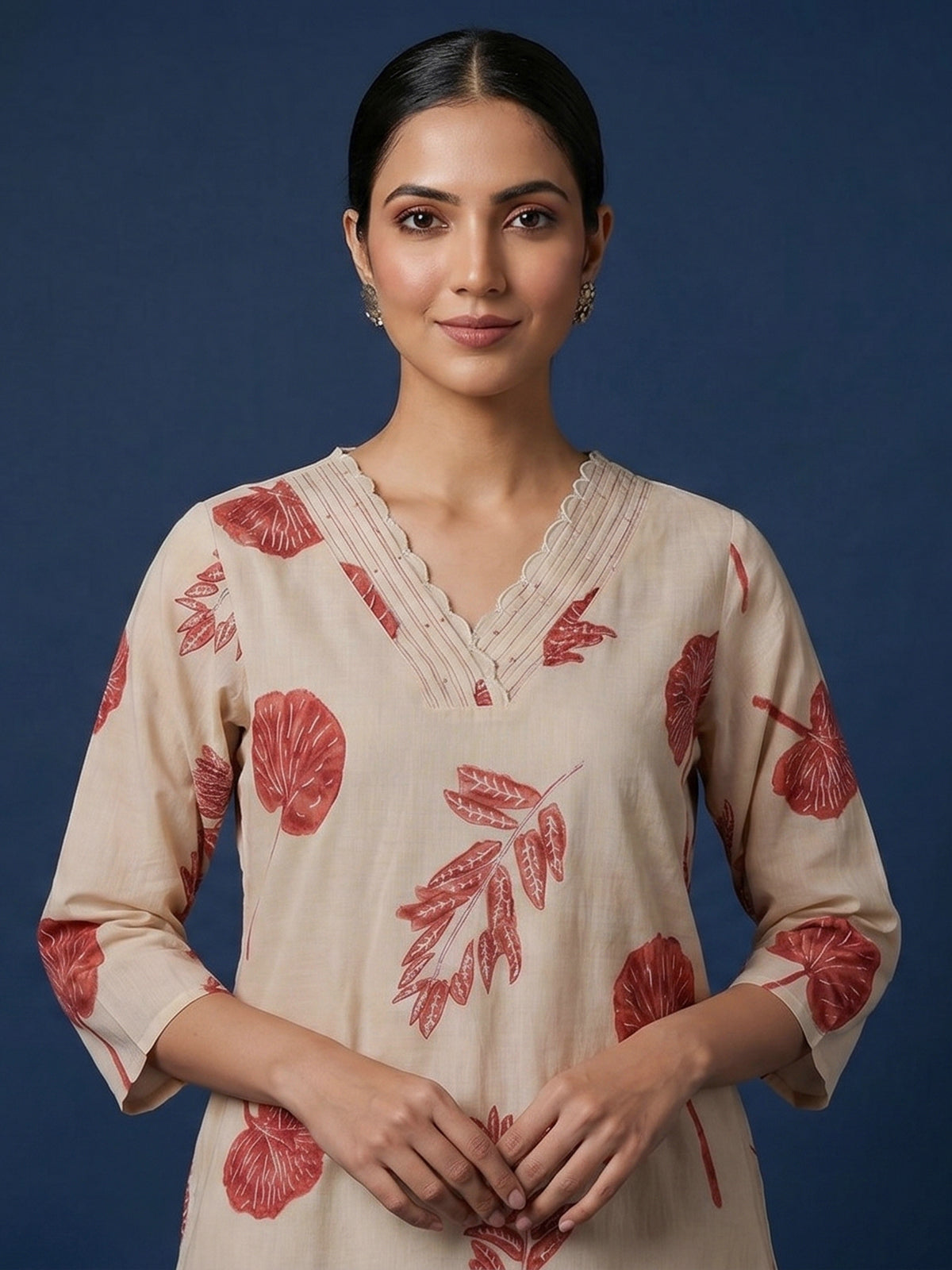Cream cotton silk printed kurti pant dupatta set