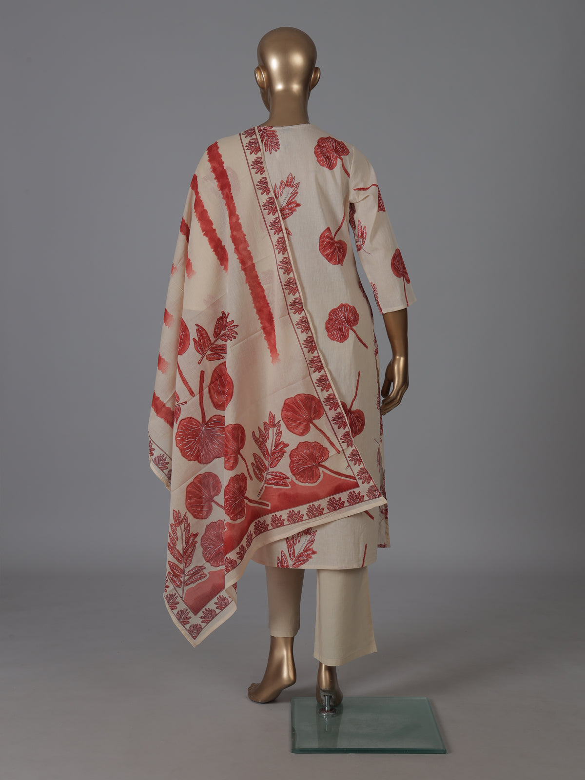 Cream cotton silk printed kurti pant dupatta set