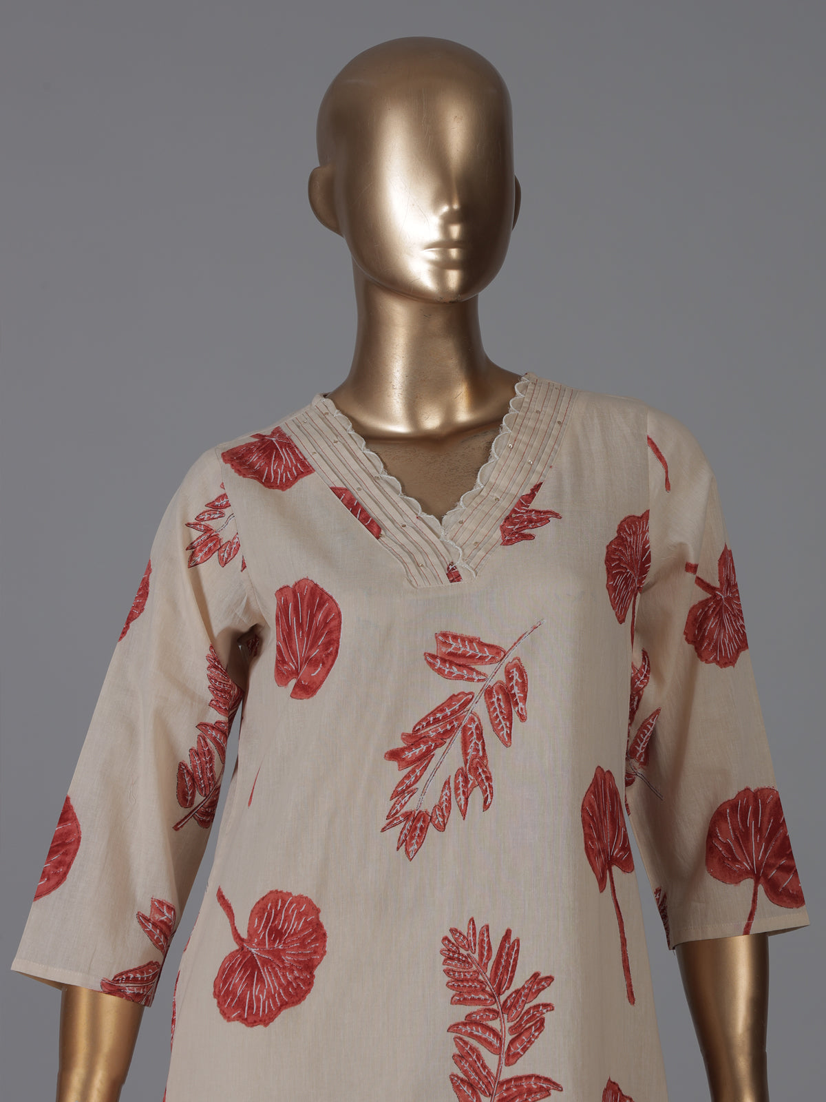 Cream cotton silk printed kurti pant dupatta set