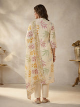 Cream cotton floral printed kurti pant dupatta set
