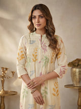 Cream cotton floral printed kurti pant dupatta set