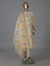 Cream cotton floral printed kurti pant dupatta set