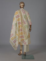 Cream cotton floral printed kurti pant dupatta set